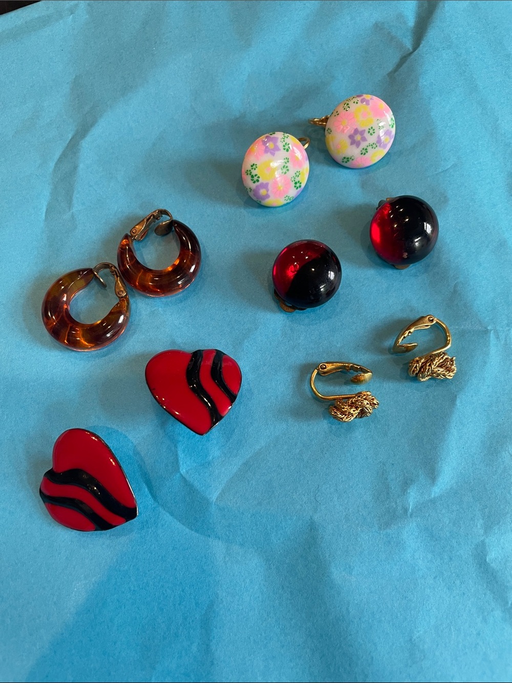 Vintage Mix of Colorful Clip-On Earrings — Red, Black, Tortoiseshell, Floral